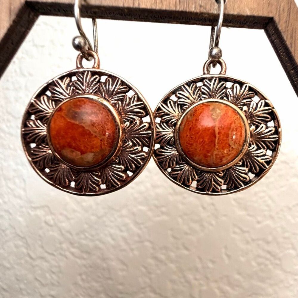 Barse Leaf Motif Copper & Sponge Coral Earrings